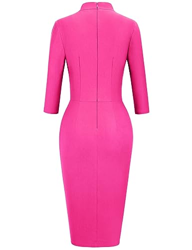Image of MUXXN Women's Midi Pencil 1950s Vintage Cocktail 3 /4 Sleeve Tie Neck Bodycon Mid-Calf Dress with Pockets