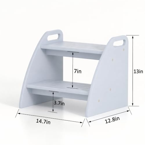 Image of Bamboo 2 Step Stool 300lbs Capacity, Grey Two Step Stool with Non-Slip Handles, Heavy Duty Stepping Stool for Bedside High Beds Adults, Sturdy Small Bathroom Kitchen Wooden Step Stool