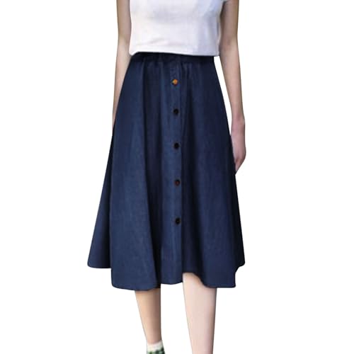 Denim Midi Skirts for Women Summer Casual Elastic High Waisted Buttons Front A-Line Flowy Ruffle Jean Skirt
