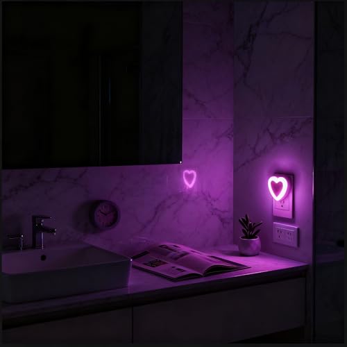 Image of LED Night Lights Plug in(2-Pack), Dusk to Dawn Sensor Auto-On /Off, Cute Nightlight Heart Shaped 0.5W for Bedroom, Bathroom, Kids Room, Nursery, Hallway (Pink)