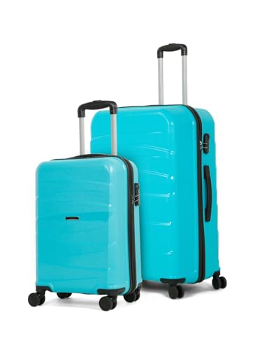 Image of Teakwood Small-Medium Size 8 Wheels Trolley Bag, Hard Cabin with Zipper Closure, Adjustable Push Button & TSA Lock System 360 Degree (Set of 2, Aqua Green)