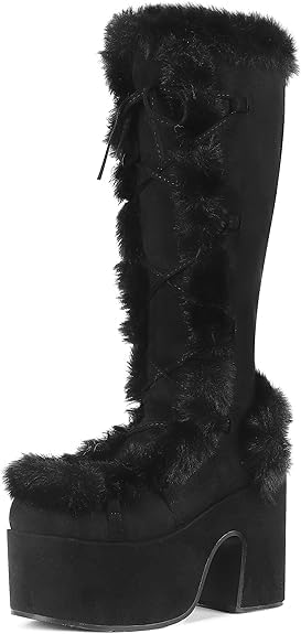 VIMISAOI Womens Mid Calf Boots, Lace Up Zip Block Chunky High Heel Punk Goth Warm Fur Winter Snow Platform Boots, Black, 8