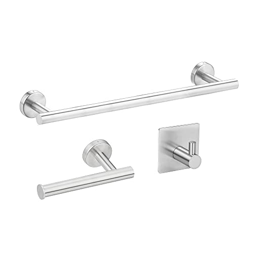 Bathroom Hardware Set, 3 Piece Brush Nickel Bathroom Towel Rack Set Wall-Mount Towel Bar Set Include 16'' Hand Towel Bar, Toilet Paper Holder, Self Adhesive Hook #TOP3