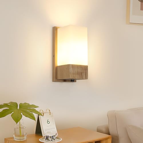 DELIPOP Aplique de Pared Interior de Madera, Vintage Lámpara de Pared E27 con Pantalla de Vidrio, para Sala de Estar, Dormitorio, Escalera, Pasillo