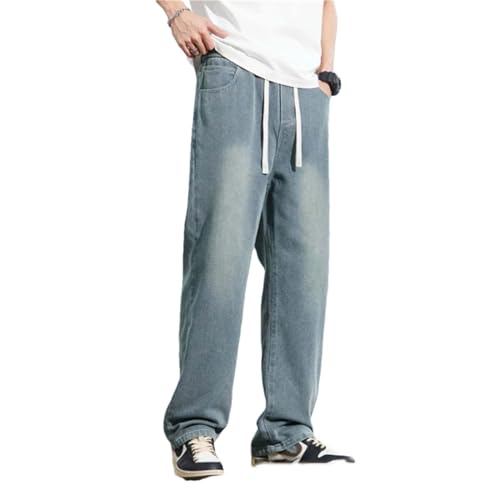 Hndudnff Men's Summer Cotton Jeans Casual Elastic Waist Drawstring Stretch Straight Leg Denim Long Pants