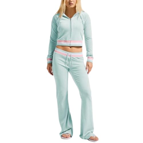 Womens Two Piece Color Block Velour Tracksuit Long Sleeve Zipper Front Hoodie Workout Flare Pants Velvet Fleece Outfits for Women Ladies Wide Leg Sports Set with Pocket Solid Vacation Travel Lounge