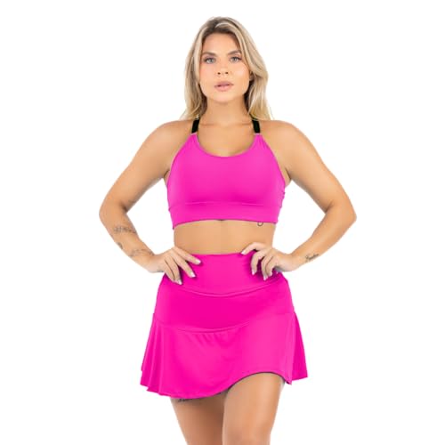 Conjunto Neon Beach Tennis Feminino Fitness Top Bojo Saia (Pink, P)