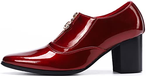 Santimon Mens Red Patent Leather Block Heel Dress Shoes – Pointed-Toe Slip-On with Gold Zipper Accent, Shiny Party Wedding Formal Footwear2