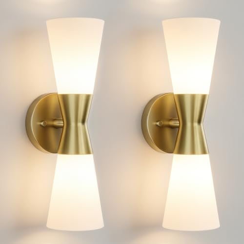 Image of Wall Sconces Set of 2 for Bathroom, Modern Indoor Vanity Light Fixtures 15 inch, Up Down Lighting, Wall Mount Lamp for Living Room Bedroom Hallway Stairway Fireplace Mirror E26 Base 2PC White&Gold