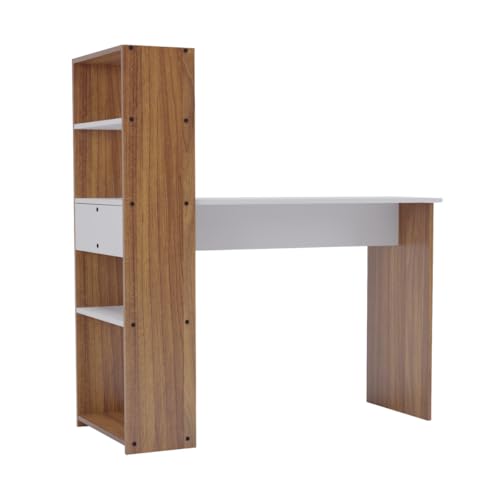 Image of Amazon Brand - Solimo Vista Engineered Wood Study and Computer Laptop Desk with Storage Shelves for Home or Office, WFH Desk for Adults Kids Students - Leon Teak & White