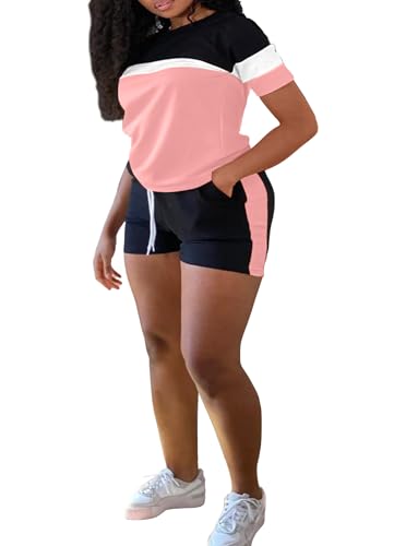 LovelyWholesale Womens 2 Piece Outfits Summer Tracksuits Plus Size Two Piece Outfit Color Block Tops and Short Sets2