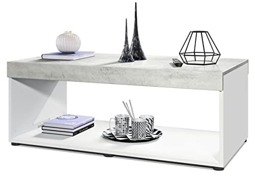 Vladon Table de Salon Pure, Table Basse rectangulaire, Blanc Mat/Aspect Béton Oxyde (104 x 40,5 x 58 cm)