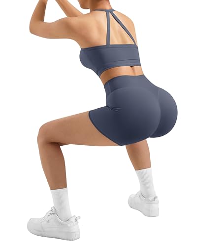 Image of SUUKSESS Women 2 Piece Workout Sets High Waisted Tummy Control Biker Shorts Halter Padded Tank Tops