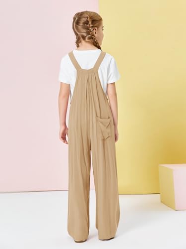 Image of Haloumoning Girls Overalls Kids Casual Sleeveless Wide Leg Jumpsuit Loose Rompers with Pockets 5-14 Years