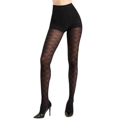 MANZI Diamond Patterned Rhombic Tights Control Top 50 Denier Shaping Pantyhose High Waist Stockings Small-Medium Black