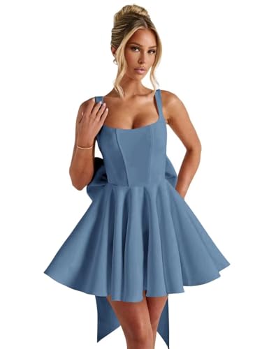 VOfuter Spaghetti Straps Homecoming Dress with Bow-Knot Satin Square Neck Cocktail Party Dresses for Maiden