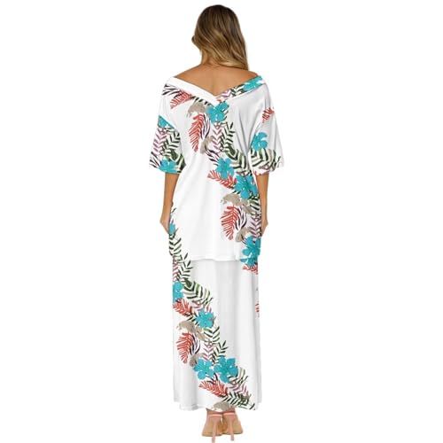 Hawaiian Flower Women Island Short Sleeves Maxi Dress Off Shoulder High Waist Long Skirts Set Evening Gowns2