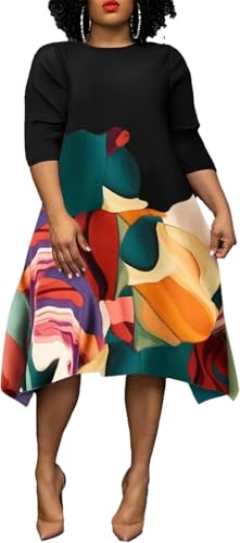 ThiCc Vestido midi floral para mujer, talla grande, elegante, inspirado en África, manga 3/4, acampanado, dobladillo asimétrico, corte recto, vestido fluido para mujeres con curvas, formal, casual,