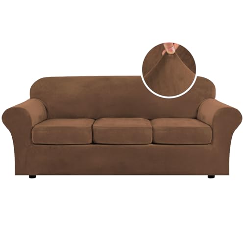 H.VERSAILTEX Modern Velvet Plush 4 Piece High Stretch Sofa Slipcover Sofa Cover Furniture Protector Form Fit Luxury Thick Velvet Sofa Cover for 3 Cushion Couch Width Up to 90 Inch (Sofa, Caramel)