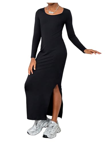 COZYEASE Girl's Bodycon Fitted Side Slit Dresses Long Sleeve Round Neck Maxi Dress