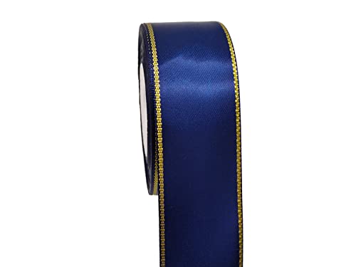 1-1/2 inch Navy Blue Satin Ribbon Roll with Golden Edge-25 Yards Glitter Wide Continuous Double Faced Boutique Ribbon for Gift Wrapping-DIY Crafts-Sparkly Party-Wedding-Baby Shower Decoration