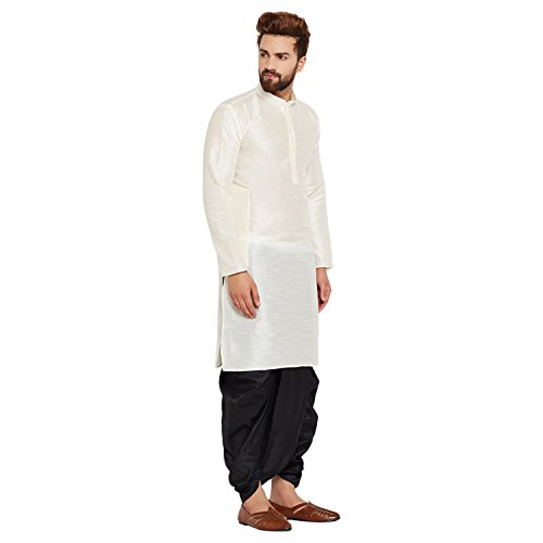 Image of SOJANYA (Since 1958 Men's Off-White and Gold Dupion Silk Dhoti Kurta Set