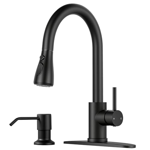 Image of Pull Down Kitchen Faucet with Soap Dispenser - Matte Black Single Handle Kitchen Faucets, High Arc Stainless Steel Pull Out Kitchen Sink Faucet with Deck for RV Laundry Farmhouse Bar