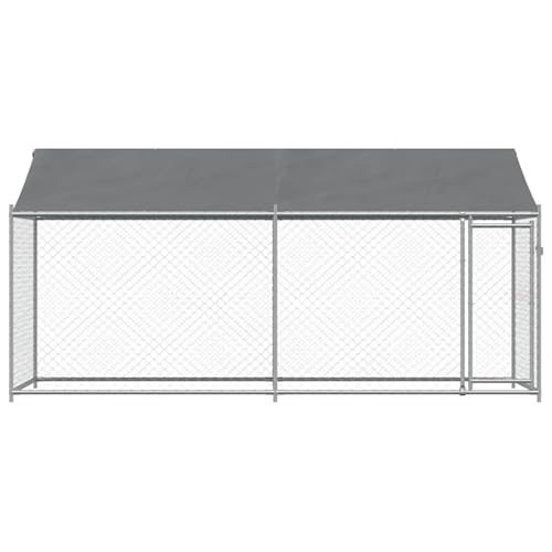 Gecheer Hundezwinger mit Dach und Tür Grau 4x2x2 m Verzinkter Stahl, Hundezwinger Freilaufgehege für große Hunde Garten Camping Outdoor