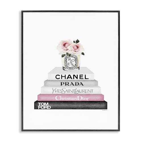 Stupell Industries 'Pink Flower Black Bookstack', Framed Giclee Art, Black, 24 x 30 Inches, Easy to Hang and Sturdy, Made in USA, by Amanda Greenwood