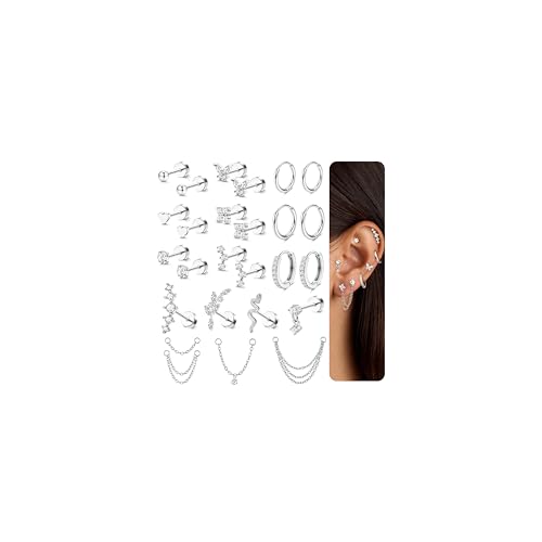 Chriscoco 22Pcs 14K Gold Plated Flat Back Earrings for Women Surgical Steel Small Hoop Stud Cartilage Earrings Set Hypoallergenic Earring Stack Conch Tragus Helix Piercing Jewellery Silver