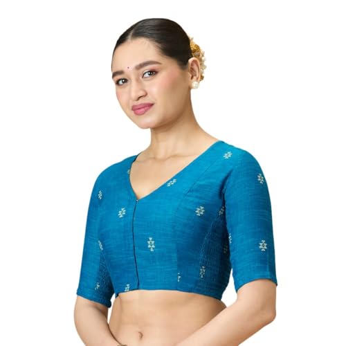 Image of Studio Shringaar Women's Handloom Cotton Stretchable (Smocked) Saree Blouse with Temple Zari Border