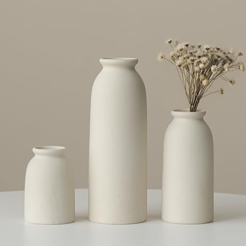 Set of 3 Small Ceramic Vases for Home Decor & Table Centrepieces, Rustic Farmhouse Style, Mini Decorative Flower Vases (Beige)