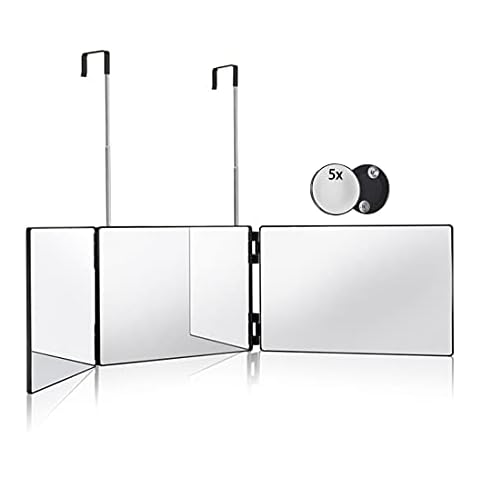 HIEEY 3 Way Mirror for Hair Cutting,360 Trifold Mirror with Height Adjustable Telescoping Hooks,and 5X Magnification Mirror,for Makeup, Hair Cutting Cover