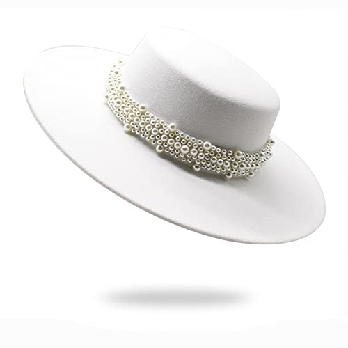 Amazon.com: XIXIDIAN Pearl Chain White Flat Top Fedora Hats  display picture 1