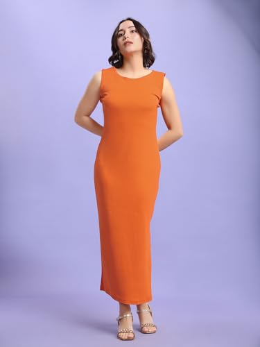 Image of PURVAJA Women's Bodycon Maxi Sleeveless Round Neck Solid Dress