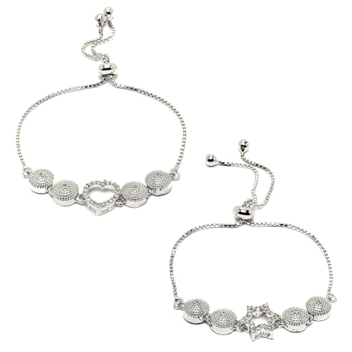 Image of ZENEME Set of 2 Rhodium-Plated Silver Toned American Diamond Bracelet Combo for Women & Girls Adjustable Designer CZ Tennis Bracelets