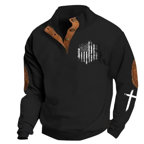 American Flag Sweater for Men Christian Faith Cross Graphic Sweatshirt Jesus Sweatshirts with Elbow Patches