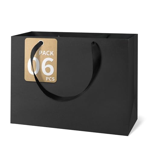 GEGIBOA Black Gift Bags With Handles 6 Pcs 12.5x4.5x11 Inch Sturdy Kraft Paper Gift Bags Bulk for Fathers Day Wedding Party Birthday Business and Shopping Valentines Day Large Size