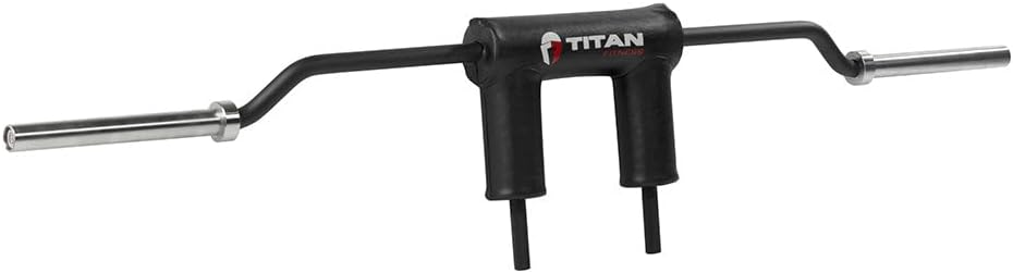 Titan Fitness USA Made TITAN Series Safety Squat Bar, Shoulder and Arm Pads, Rated 1,500 LB, 5" Camber Drop, Ribbed Olympic Weight Sleeves, Knurled Hand Grips