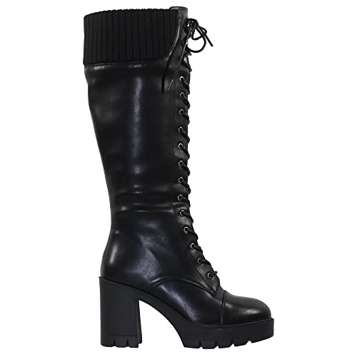 Generation Y GY-WB-SKY-33 Women'S Knee High Combat Boots Lace Up Chunky Heel Knitted Cuff Zipper Closure Black Smooth Pu Size 10 thumb #2
