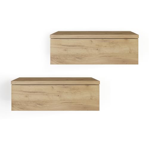 Komto Table de Chevet Suspendue Lot de 2 Chêne Miel – Table de Nuit Murale avec Tiroir, Idéal Chambre | Monaco 46 x 30 x 15 cm