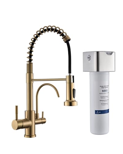Image of GIMILI 3 in 1 Kitchen Faucet with Pull Down Sprayer Brushed Gold Two Handle Kitchen Sink Faucet with Under Sink Water Filter System Reduces PFAS, PFOA /PFOS, Lead, Chlorine, Bad Taste & Odor