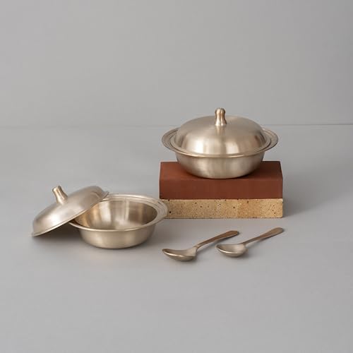 Veda Essentials. Solid Pure Kansa Serving Bowls with Spoons – Set of 2 | Handcrafted Bronze Tableware | Ayurvedic Benefits | Ideal for Serving Dal, Curries & Sabzi | Medium & Large Sizes