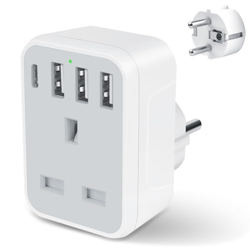 Herfair UK to European Plug Adapter UK to EU Adaptor with 3 USB A & 1 USB C Ports 5 in 1 EU Grounded Europe Power Euro Plug for Spain France Iceland Germany Greece Poland(Type E/F) Gray