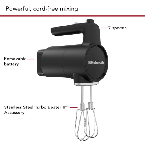 Kitchenaid Batteur à main sans fil - Go Cordless - Batteur électrique avec 7 niveaux de vitesse - 2 Fouets Turbo - Batterie Inclus - Noir