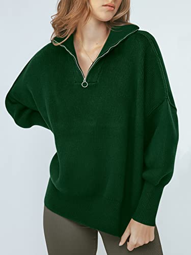 Image of ANRABESS Womens Oversized Quarter Zip Pullover Sweaters | Fall Fashion Outfits, Long Sleeve Slit Side, Baggy Loose Fit, 1 /4 Zip Lapel Collared, Ribbed Knit Soft Warm Winter Clothing