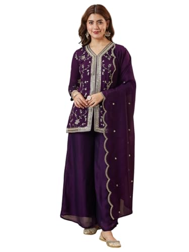 Image of MOKOSH Women's Silk Embroidery Kurta Sharara with Dupatta | Kurta Set | V Neck Full Sleeve Ethnic Suit | Indian Kurta Outfit with Sharara |3 Piece Outfit