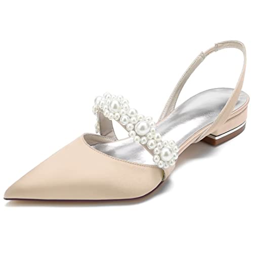Image of Satin Pearls Wedding Shoes for Bride Flat Pointed Toe Women Slingback Flats