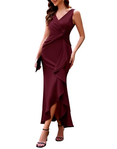 BeryLove Wedding Guest Dresses for Women Long Formal Party Dress Evening Wrap Ruched Midi Cocktail Bridesmaid Date Night Gowns 7099 Burgundy XL