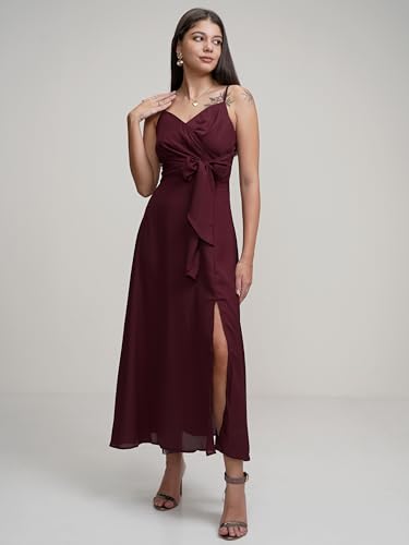 Image of Tokyo Talkies Women's Maxi Length | Strappy Design | High Slit | Flowy Silhouette Glamorous | Bold Thigh-High Slit for Effortless Elegance
